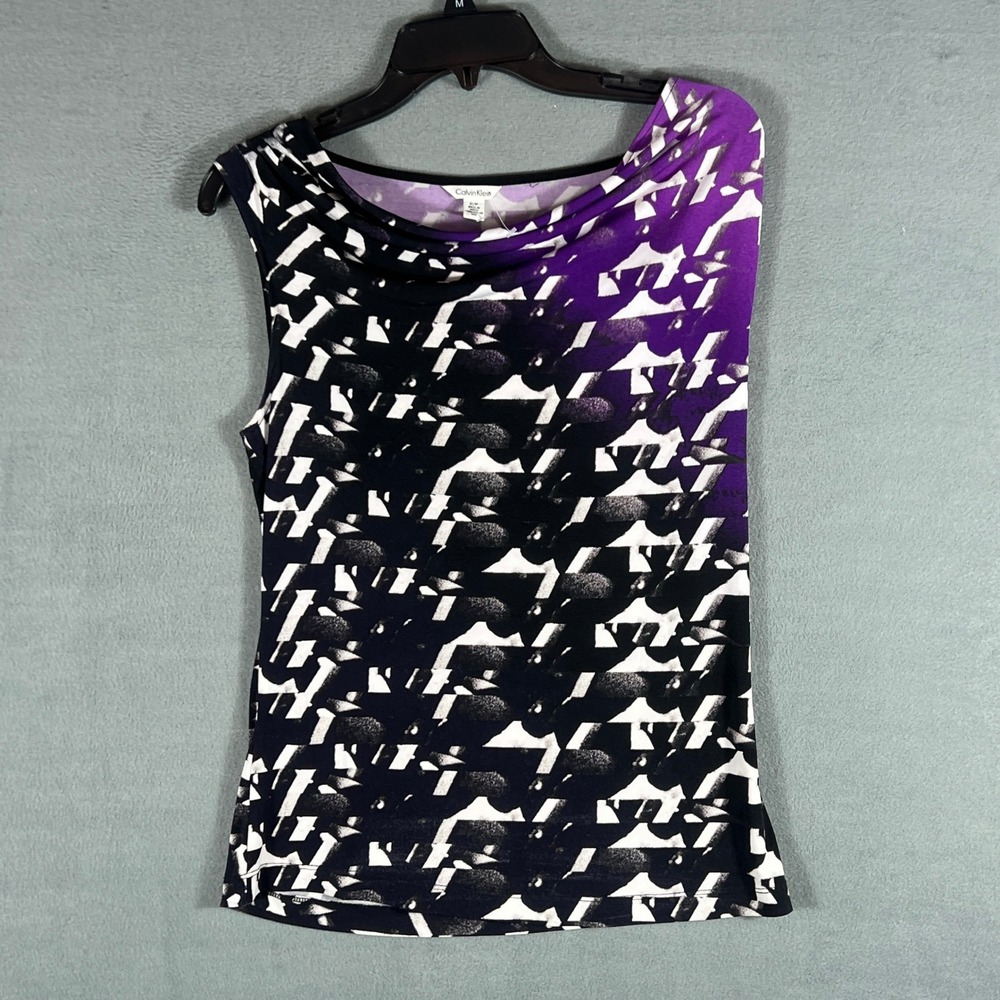 Calvin Klein Womens Top S/P Purple Black Abstract Cowl Neck Sleeveless Blouse